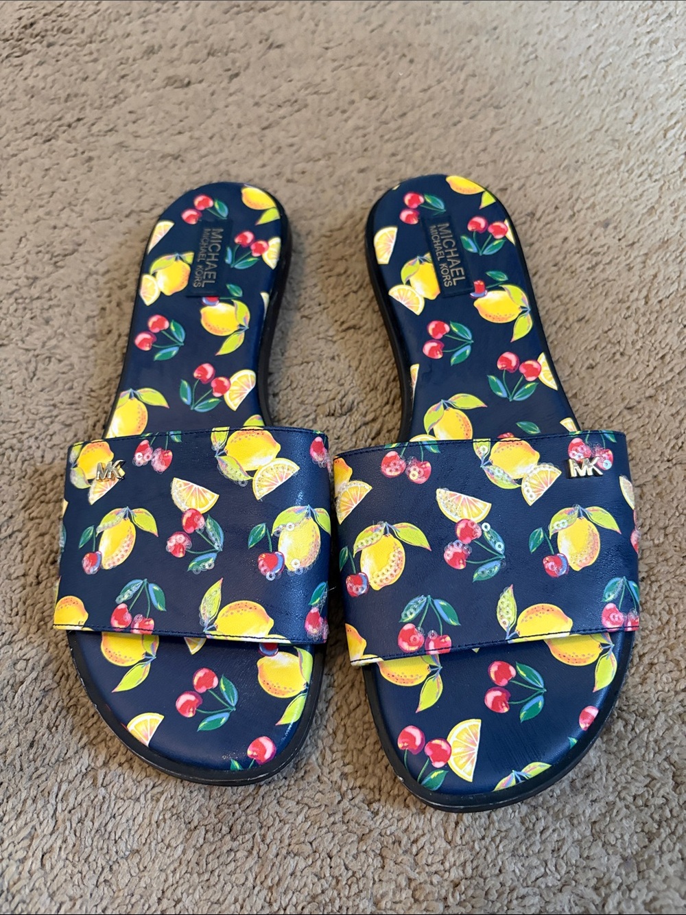 Michael Kors Navy Lemon & Cherry Print Slide Sandals